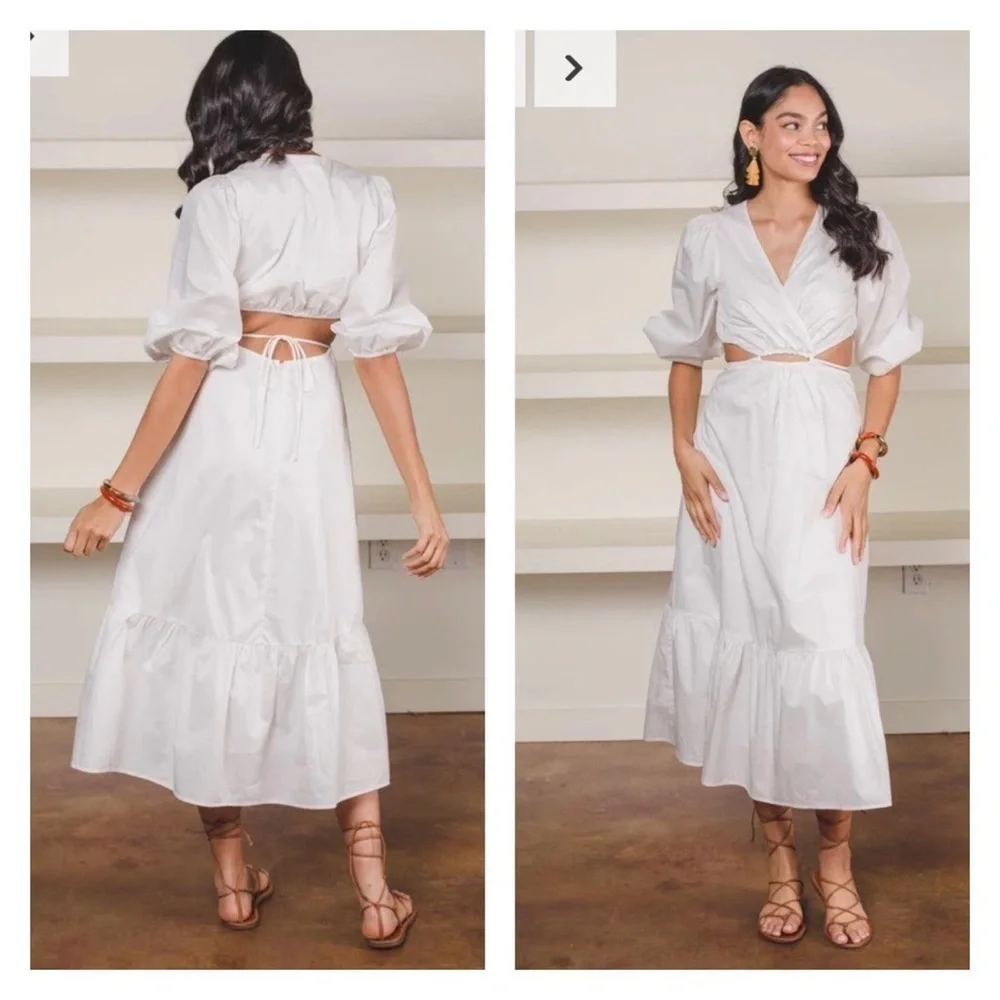 ASTR White Cutout Surplice Midi Dress Puff Sleeve Resort Vacation L NWT - Picture 10 of 14